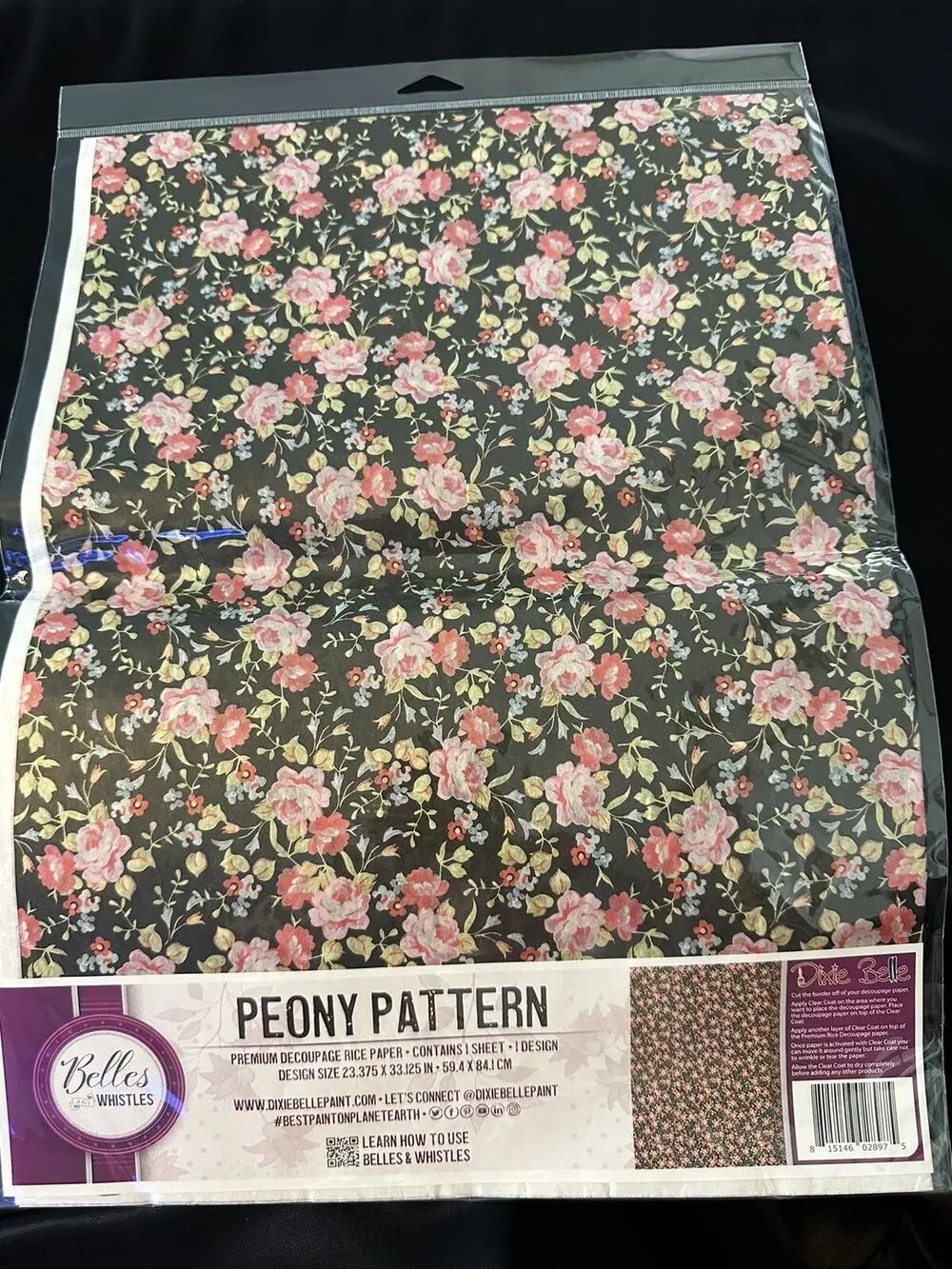 New Belles & Whistles PEONY PATTERN Decoupage Decor Rice Paper 23x33 Dixie Belle